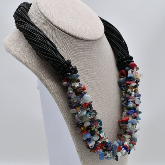 Vintage Multi-Gem Black Cord & Chip Stone Necklace 20 3/4" - Picture 3 of 7